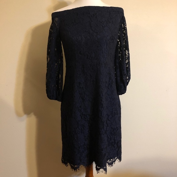 NWOT Trina Turk Dark Blue Lace Off Shoulder Dress - Picture 12 of 14